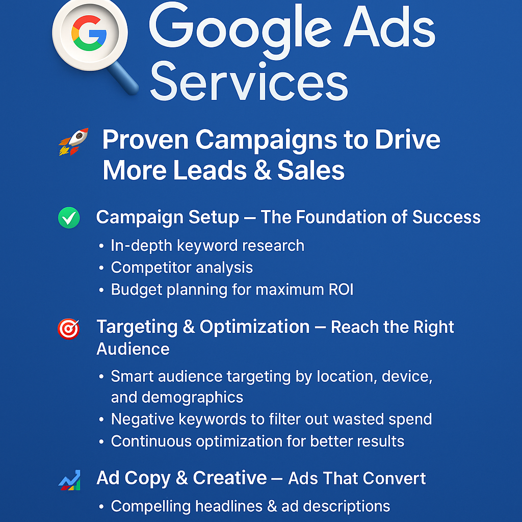 Google Ads services banner promoting PPC advertising, search engine marketing, and business growth through online advertising