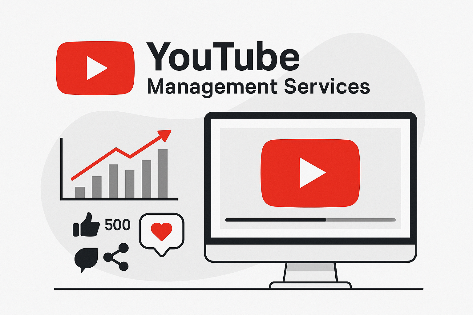 YouTube management services banner showing analytics, engagement icons, and professional branding for channel growth.